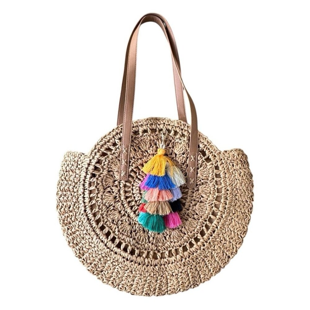 Woven Straw Tote with Colorful Tassels